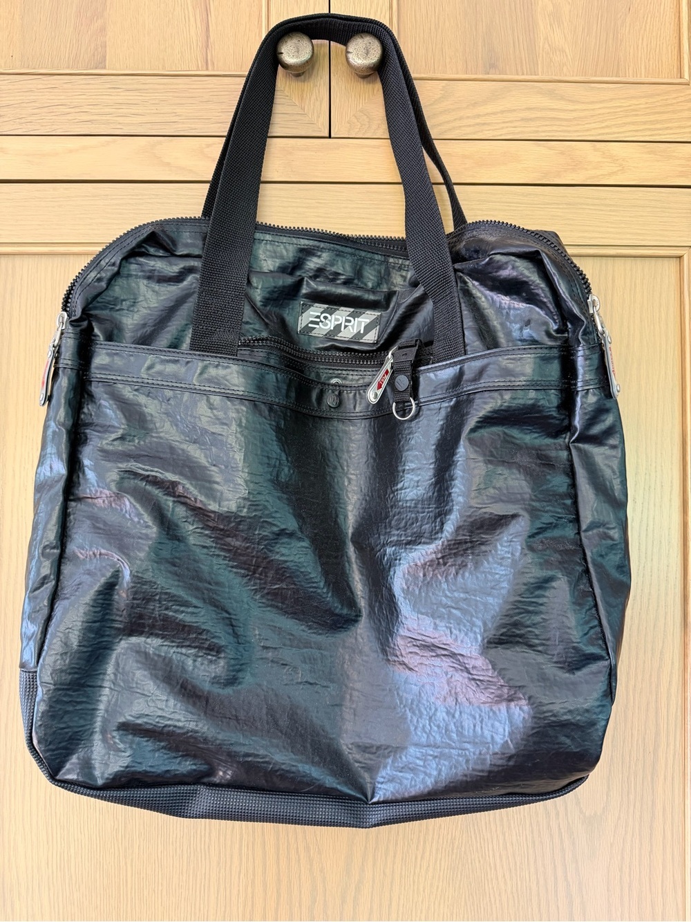 Vintage 90's Esprit Black PVC Shoulder Bag/ Tote Fabulous Zipper Pulls